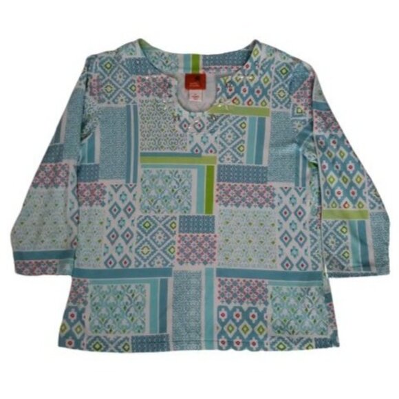 Hearts Of Palm Women's 3/4 Sleeve Multi Print Horseshoe Neckline Blouse Medium - Picture 2 of 11